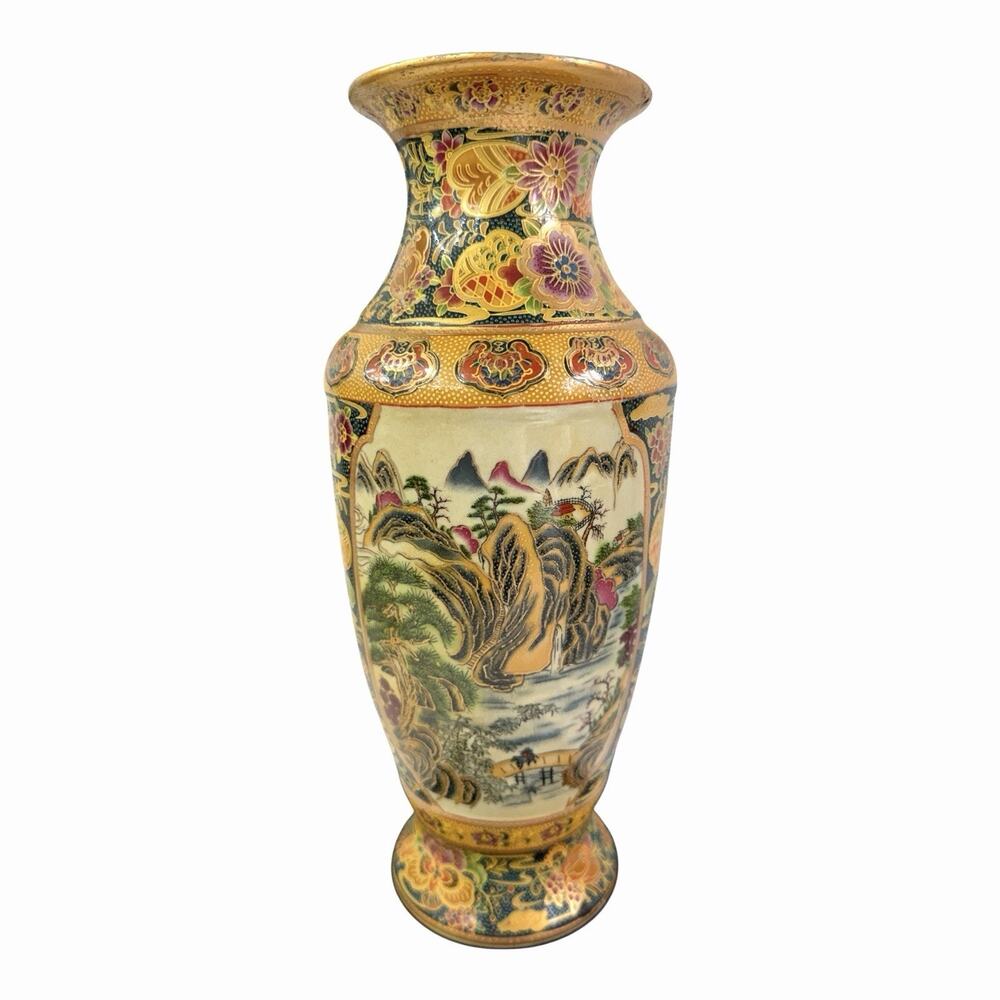 Vintage Royal Satsuma Japanese Moriage Vase 11 3/4" Gold Gild Hand Painted